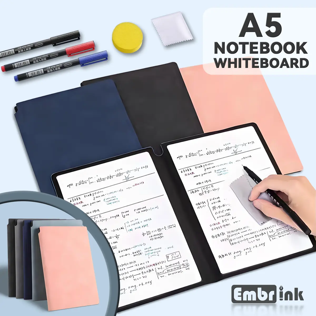 A5 Reusable Dry Erase Notebook Set, Lay-Flat Double-Sided PET Whiteboard Pad with 0.5mm Fine-Tip Markers & Cleaning Cloth, Portable Faux Leather Scratch Pad for Math Practice, Notes, Doodles, School, Office, Home, Travel & Study