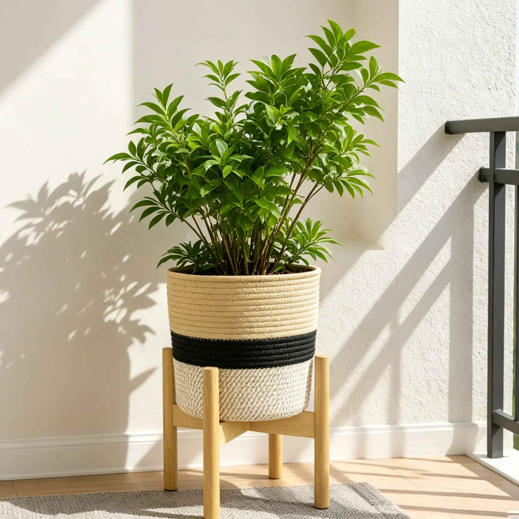 10in Plant Basket with Stand, Indoor Woven Basket with Bamboo Wood Stand Round Boho Planter Pot Holder Rustic Baskets for Plants and Home Decor garden bed