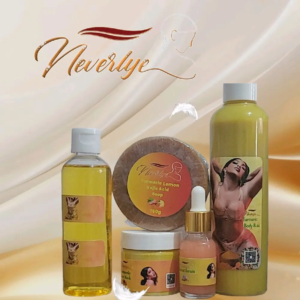 Neverlye Turmeric Full Body Kit 5pcs Radiant Skin Oil Moisture Retention Clay Mask Brightening Soap Bar Rejuvenation Serum