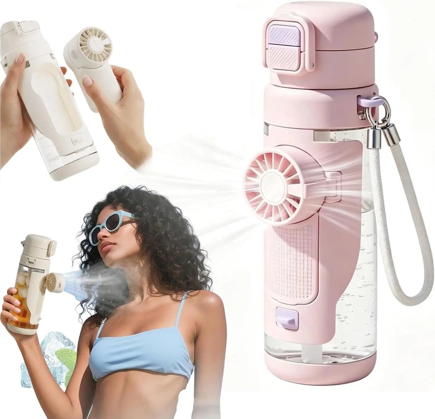2-in-1 Portable Fan Water Bottle, 23oz Large Capacity Type-C USB Rechargeable with Detachable 3-Speed Cooling Module, 360° Rotation, Straw & Dual Drinking Options, Pink Summer Party Gift for Beach