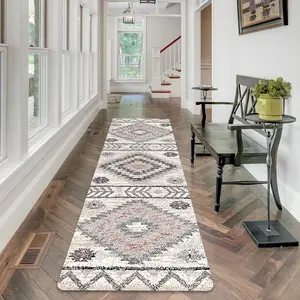 Geometric Pattern Hallway Runner Rug, Non-slip Laundry Room Mat, Soft Washable Bed Rug, Long Rug for Entryway Bedroom Kitchen Bathroom