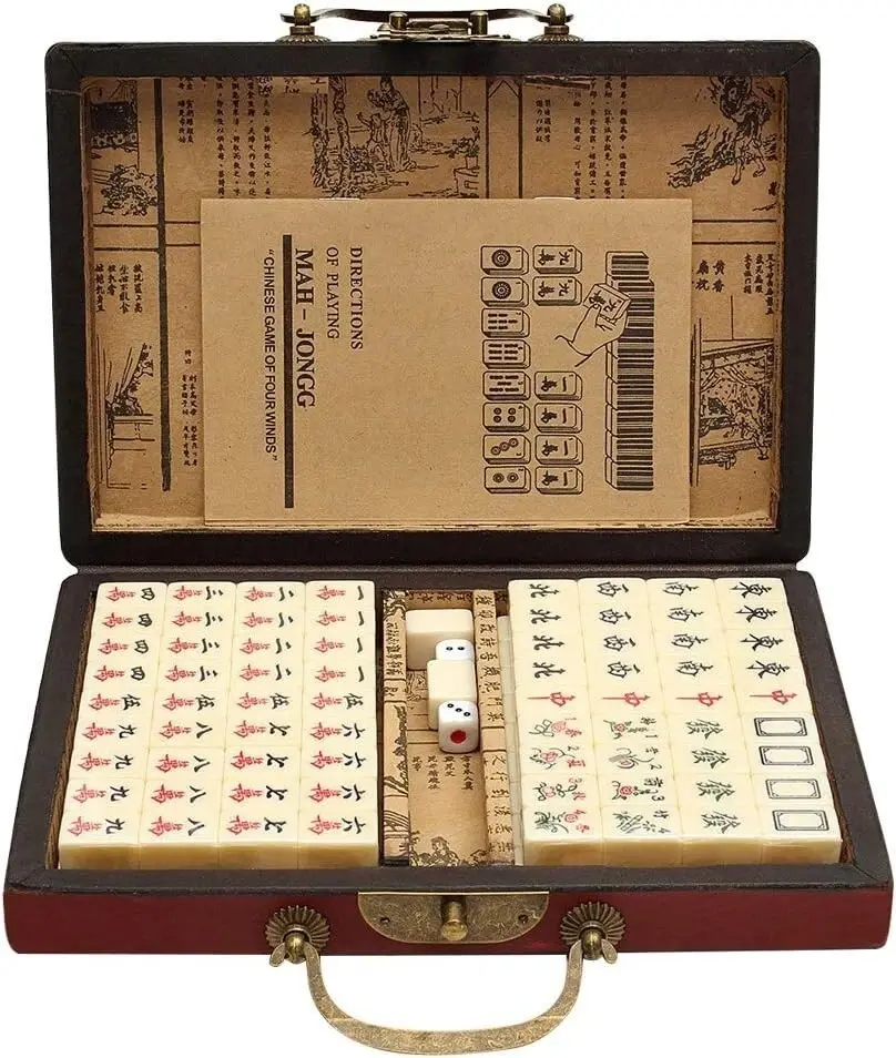 Vintage Chinese Mahjong Set Traditional 144 Tiles Mah-Jong Game Set w/ Case Box