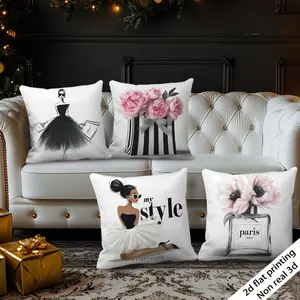 4pcs Set | Christmas Decorative Cushion Covers | Fashionable Light Luxury Style, Featuring Fashion Lady, Peony Flowers, and Black-White-Pink Color Scheme | 45.72x45.72 cm | Home Decor | Gift for Family | for Porch, Patio, Sofa, Living Room