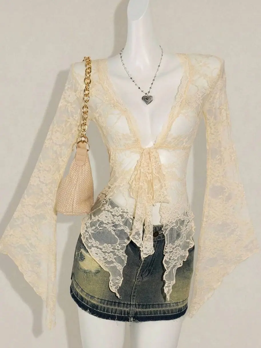 Women's Western Country Concert Boho Hippie Goth Sheer Burgundy Sexy Lace Twist Front Long Sleeve Cardigan