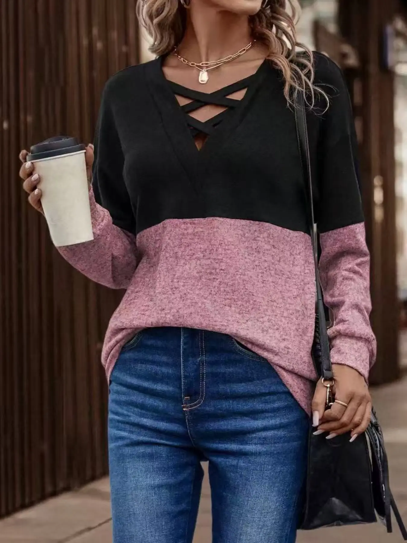 Women's Fall Winter Christmas Colorblock Knit Top, Fitted, Fashion Unique Casual Style, Cross V Neck, Patchwork Design, Perfect for Daily Knitwear