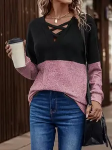 Women's Fall Winter Christmas Colorblock Knit Top, Fitted, Fashion Unique Casual Style, Cross V Neck, Patchwork Design, Perfect for Daily Knitwear