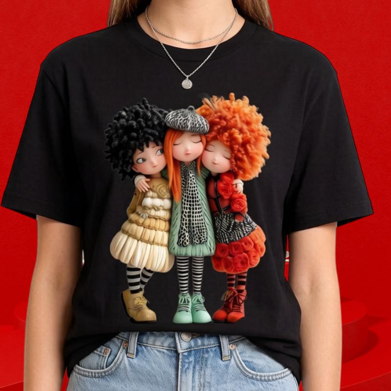 Sohochic Women's Pure Cotton Loose-Fit Crew Neck Soft Black BFF Graphic Tshirt - 3 Vintage Cartoon Best Friend Dolls Print, Everyday Casual Streetwear, Viral TikTok Top, Lightweight, Valentine's Day Option, XS-6XL, Free Exquisite Gift
