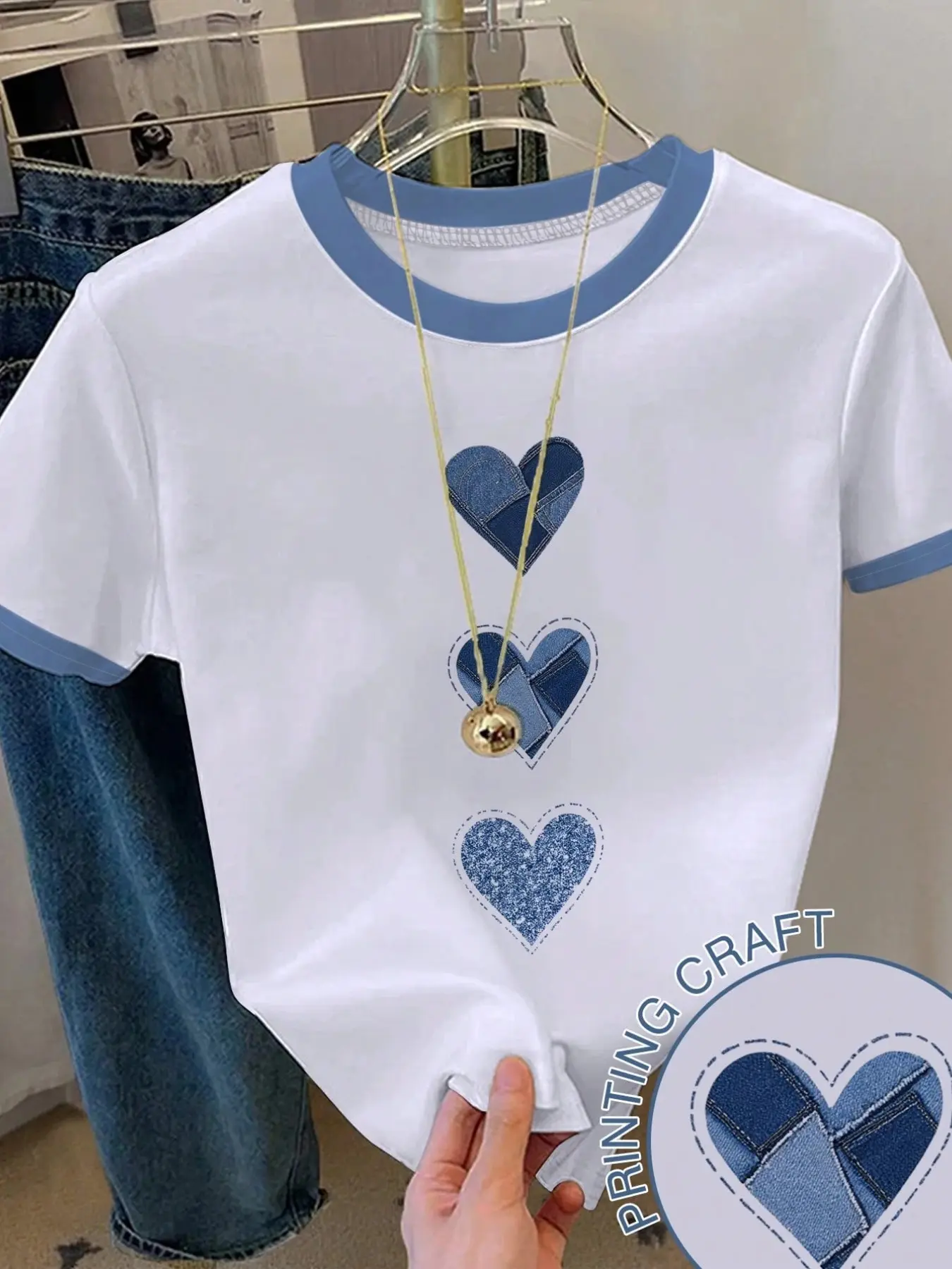 Vintage Denim Heart Print Round Neck Short Sleeve T-Shirt, Fit, Womenswear, Soft and Skin-Friendly, Perfect for Summer Casual Style, Casual Summer Top
