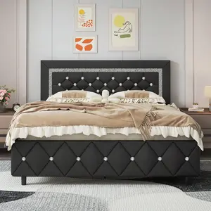 Twin/ Full/ Queen/ King Size Bed Frame, Upholstered Bed Frame With Diamond Headboard And Footboard, No Box Spring Needed, Easy Assembly, White/ Beige/ Black/ Grey/ Pink/ Purple/ Green, Queen Size Bed