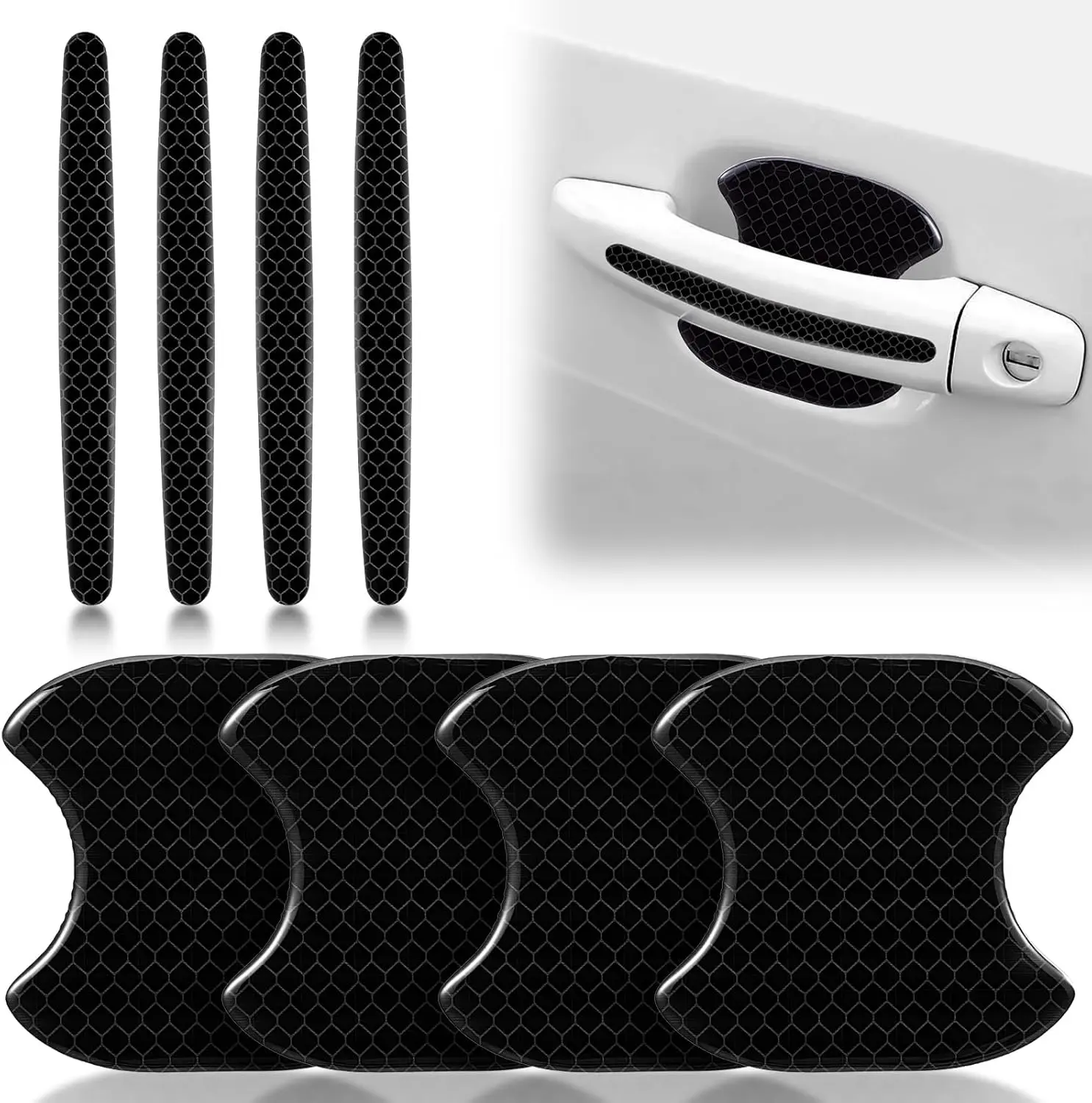 8PCS Car Door Handle Protector, Reflective Car Door Handle Bowl Stickers, Self-Adhesive Anti-Scratch Doors Handles Paint Protective Film, Universal Protection Guard for Most Cars (Black)