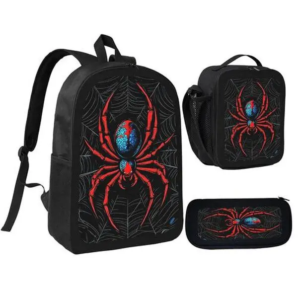 Spider pattern printed 17-inch travel backpack three-piece set Backpack Combo Casual printed backpack (single-layer backpack + round lunch bag with shoulder strap + single-layer pencil case) Storage bag