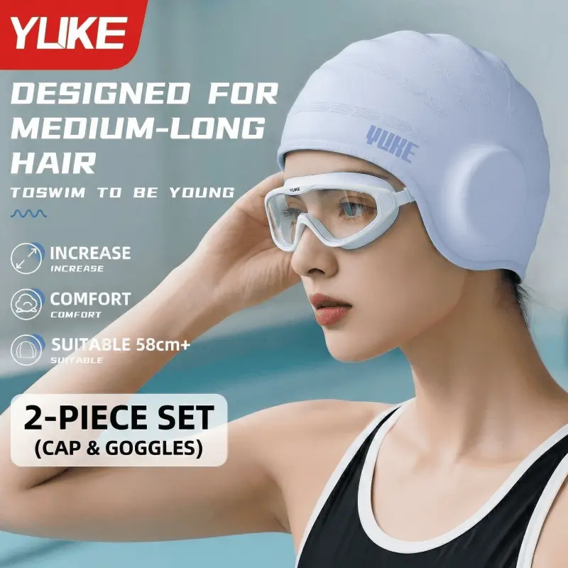 2-piece swim cap and goggles set designed to protect your ears and fit long hair perfectly 2-piece swim cap and goggles set designed to protect your ears and fit long hair perfectly