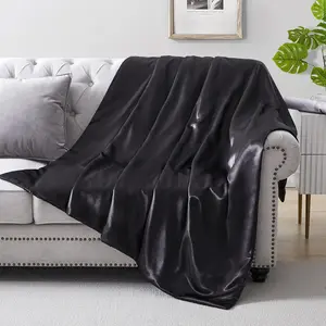 Silk Throw Blanket - Black Cooling Packable Satin Blanket for Couch, Bed, Camping, Outdoor, Travel,  - Super Soft Lightweight Cozy Blanket(50'' x 60'', Black)
