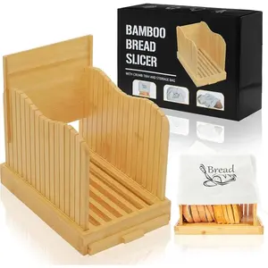 Bamboo  Slicer for Homemade ,  Slicing Guide Adjustable Width, Foldable and Compact  Cutting Board with Crumb Tray,Includes  Bag for Storage,Bamboo