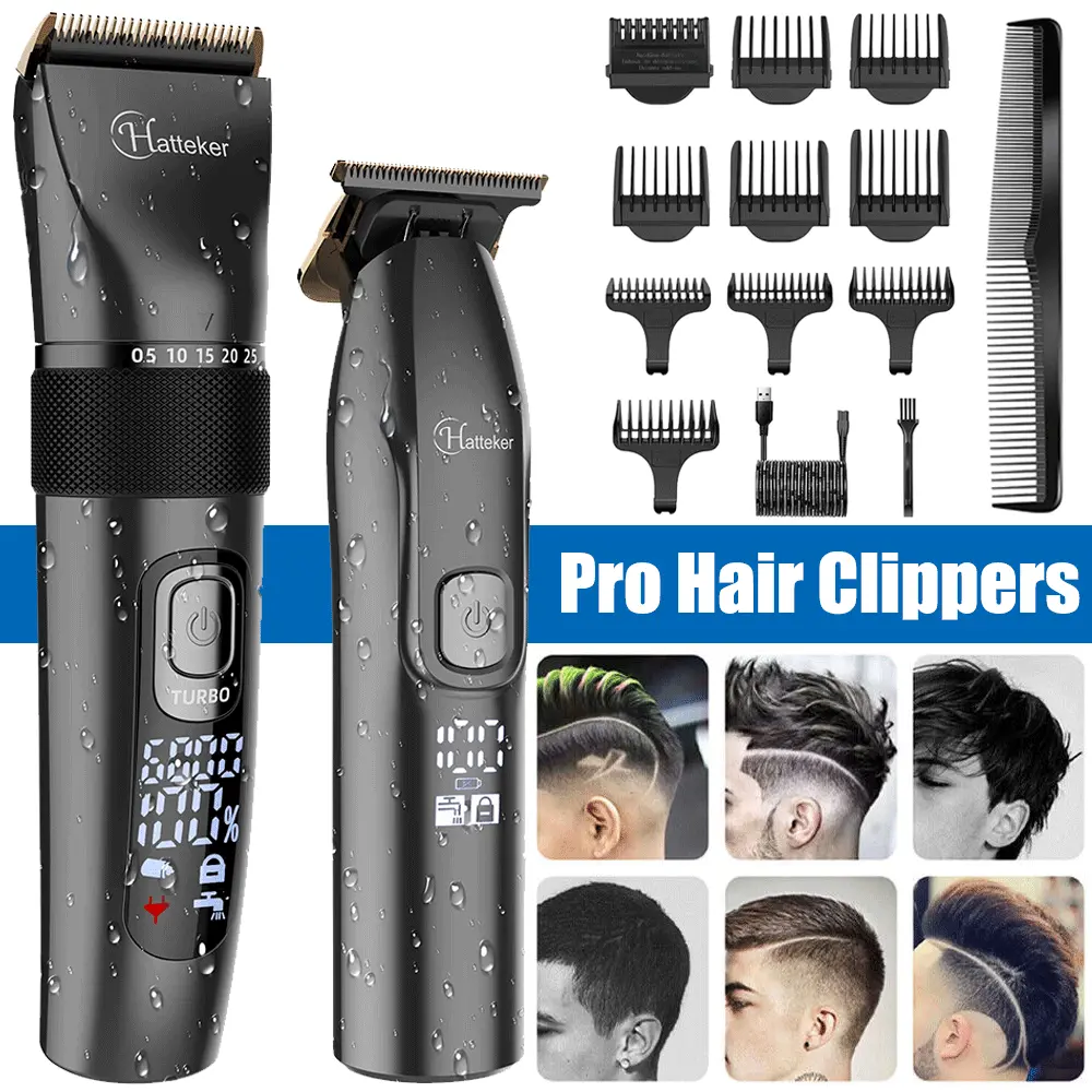 HATTEKER Professional Hair Clipper & T-Blade Trimmer Kit for Men, Cordless 3-Speed Grooming Set with Adjustable Blades, Digital Display & 10 Combs, IPX7 Waterproof, Cordless Hair Trimmer