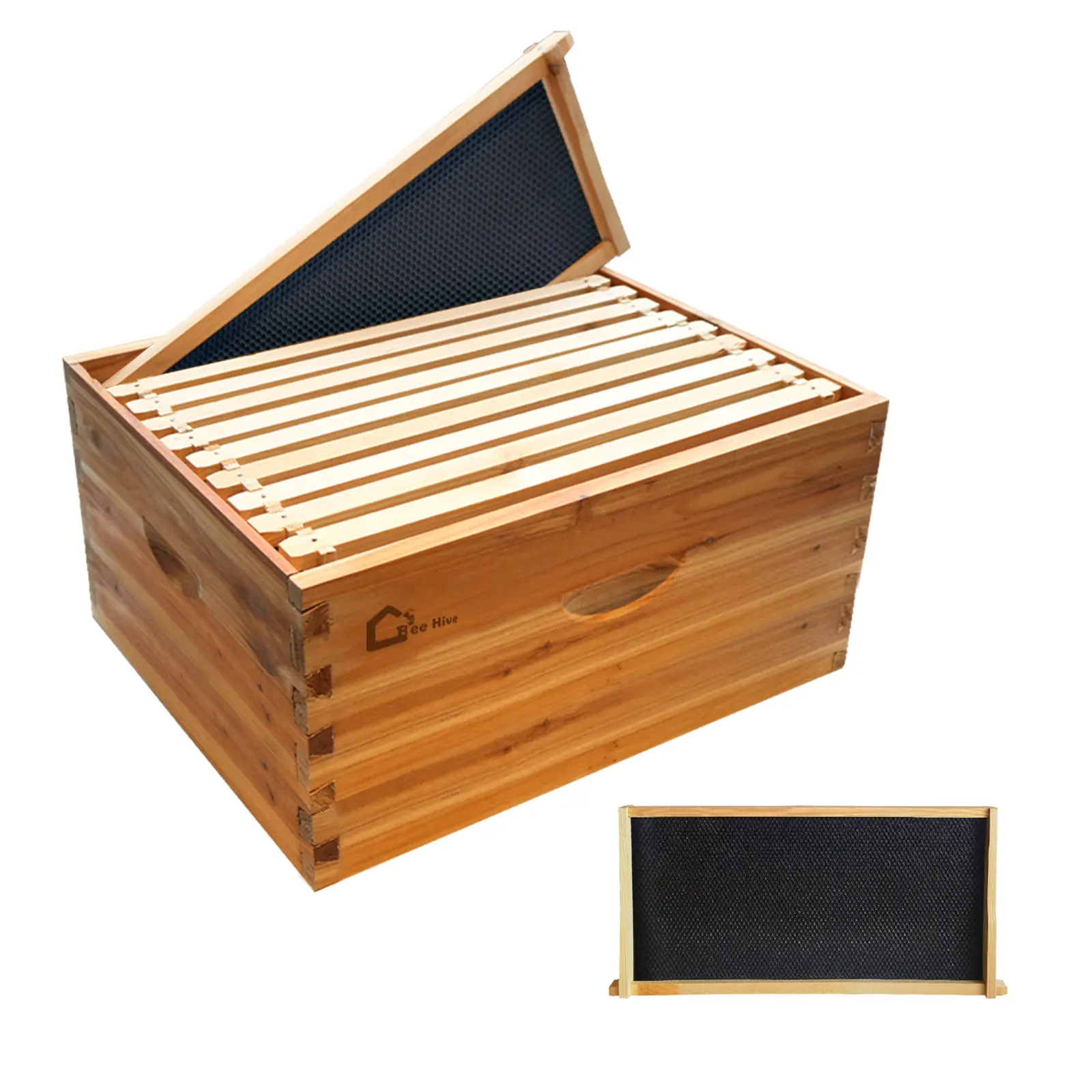 Advanced Langstroth 10 box deep broom beehive - cedar wood frame, 100% natural beeswax coating - pre assembled, durable, weather resistant structure - complete beekeeping beehive components