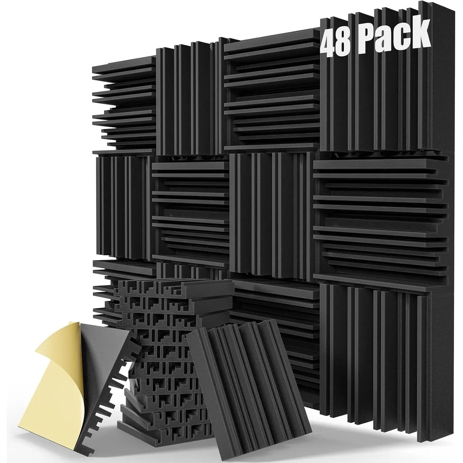 Upgrade 48 pack Self-adhesive Sound Proof  Panels,12" X 12" X 2" Acoustic Panels with High Density,Decorative Soundproof Wall Panels Studio Sound Absorbing  for Wall and Ceiling(Black)