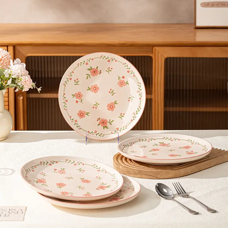 4-piece set of 10 inch ceramic Western style steak spaghetti dish, Dishwasher Safe Tableware, ceramic dinnerware, featuring red glazed peach blossom patterns, scratch resistant and wear-resistant, safe for microwave and dishwasher use