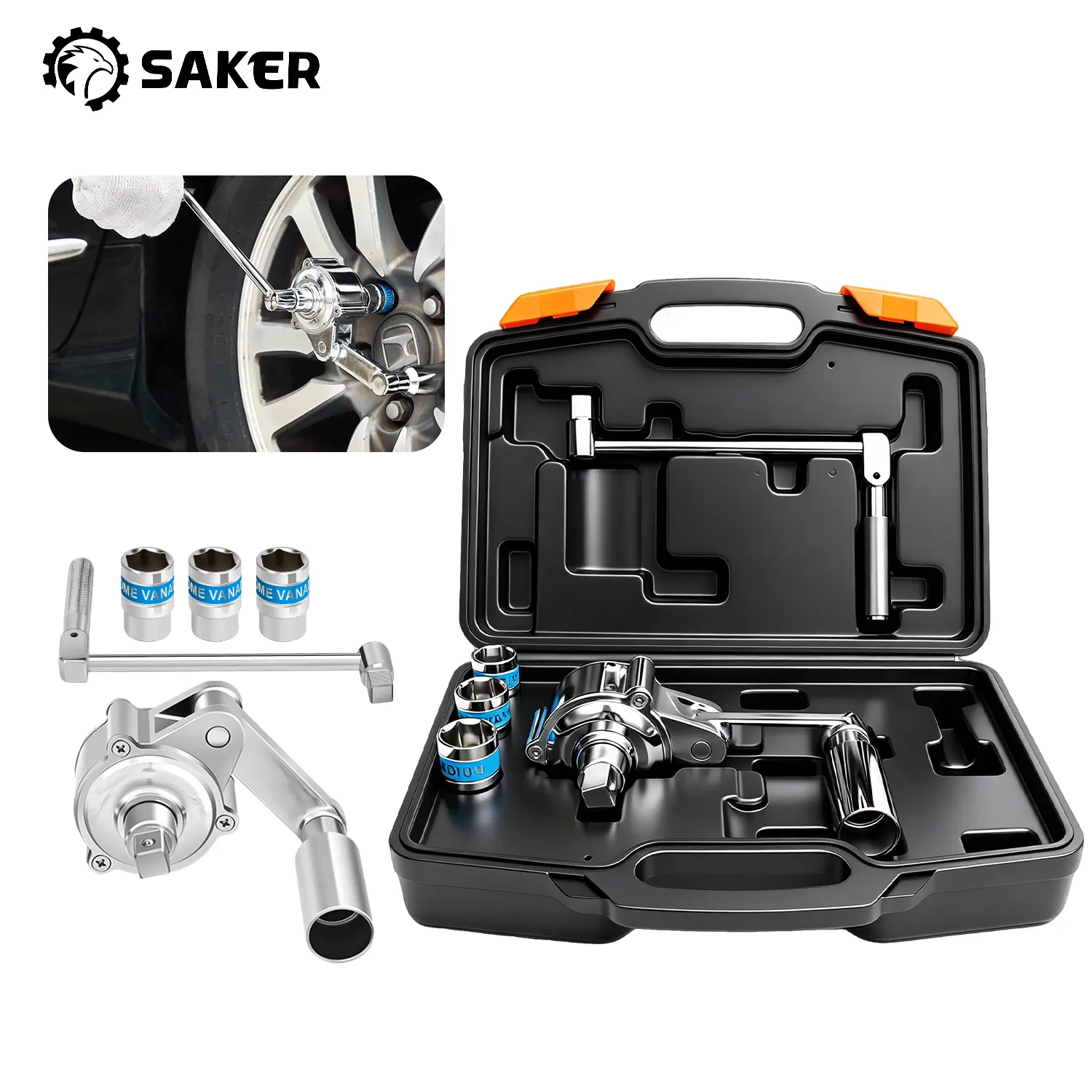 Saker Heavy Duty torque multiplier wrench set, metal non-charge manual mechanism, hub nut removal tool, 17mm/19mm/21mm sleeve for automotive tires