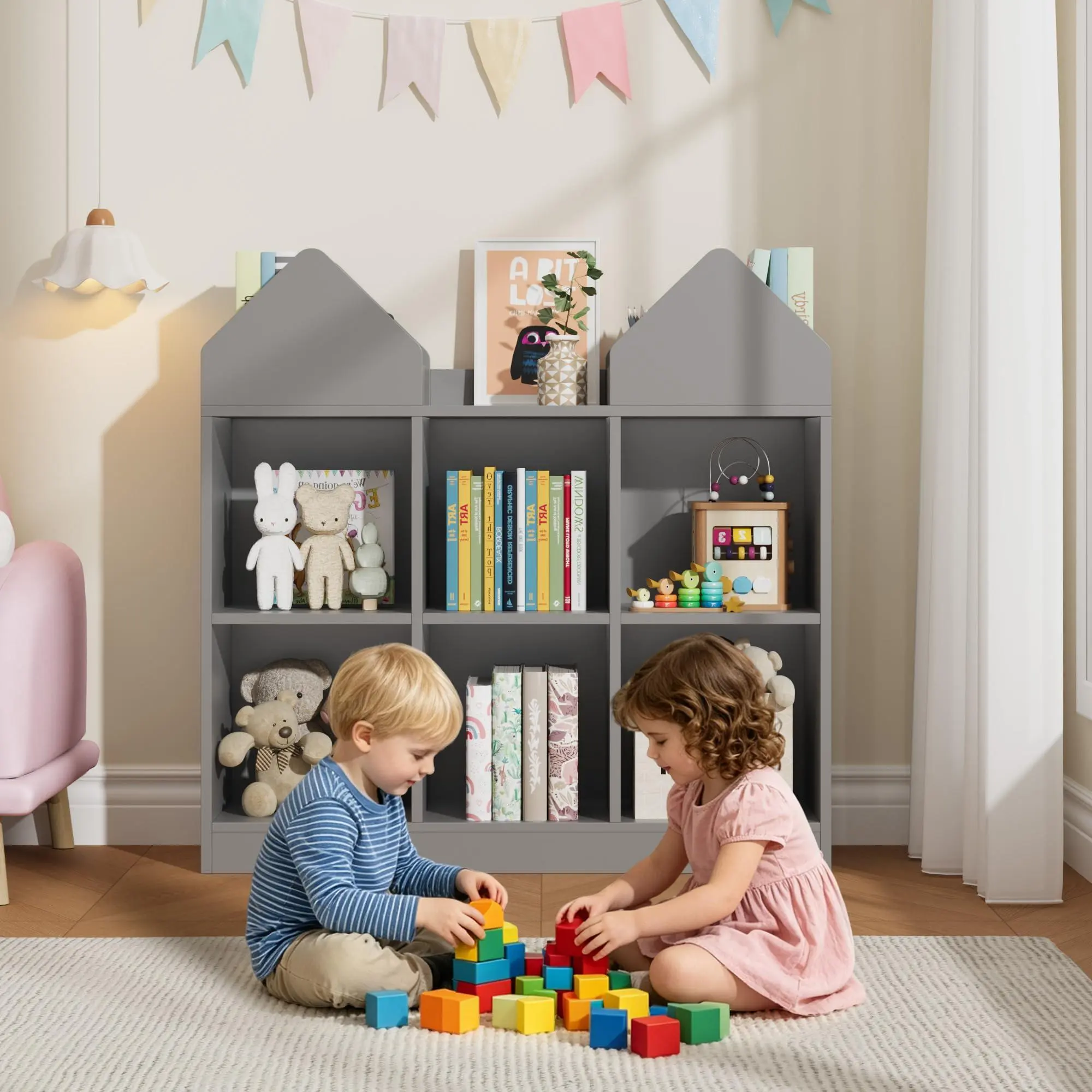 Gray 35.4-Inch Kids House Shape Bookshelf - 3-Column 2-Tier Open Storage Double Roof Bookcase with Sturdy Base, Floor-Standing for Bedroom, Playroom