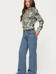 Women's Y2K Rivet Side Chain Low Waist Denim Jeans, Wide Leg Floor-Length Jeans, Trendy Beaded Design, Comfortable Fashion