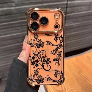 Elegant Floral Vines Pattern Phone Case , Electroplated Cover with Airbag Shockproof Soft TPU Cover for iPhone X 11 12 13 14 15 16 17 Pro Max Plus Air.QXA756