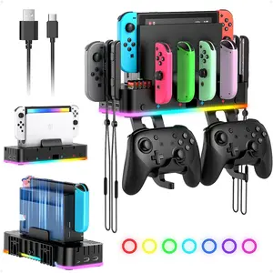RGB  Wall Mount for Joy-Con Charger,  Holder for   1/ OLED with  Organizer,  Accessories with 15 Light Mode, 4 Controller Charger, 2 USB Port, 10 Card Slot