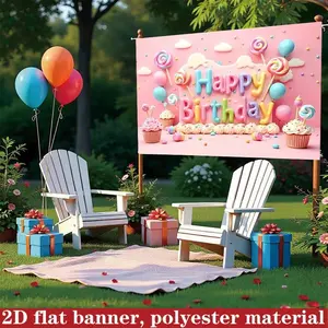 Candy Theme Birthday Background Banner, Macaron Balloon Lollipop Cupcake Design, Sweet Kids Party Decor, HD Print Polyester Backdrop