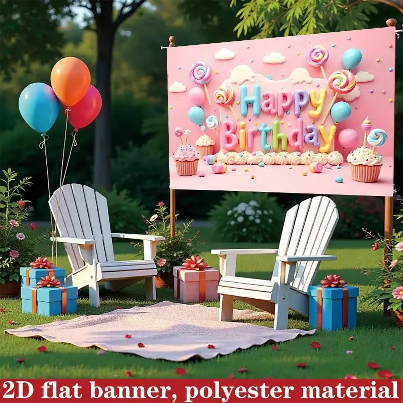 Candy Theme Birthday Background Banner, Macaron Balloon Lollipop Cupcake Design, Sweet Kids Party Decor, HD Print Polyester Backdrop