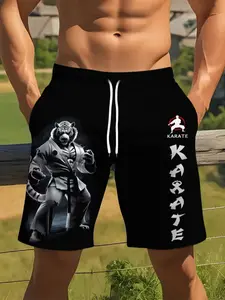 Men's Dark Color Action Bold Letter Print Artistic Shorts, Casual Fitted Drop Waist Drawstring Waist, Perfect for Home Exhibition Street Photography