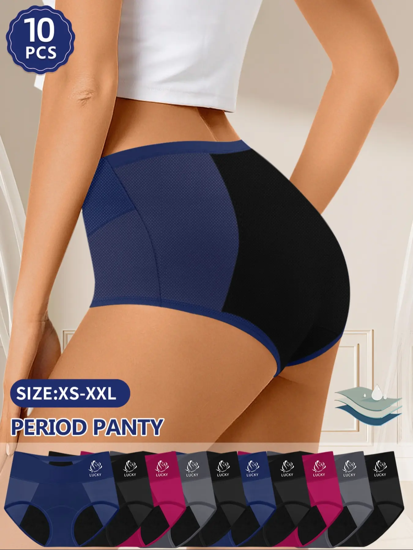 10-Pack MEIYATING Women's Period Underwear, Menstrual Panties, Triangle Panties, Everyday Panties, Fitted Panties, Leak-Proof, Breathable Mesh, Comfortable Fit, High Waist, All Seasons, Womenswear