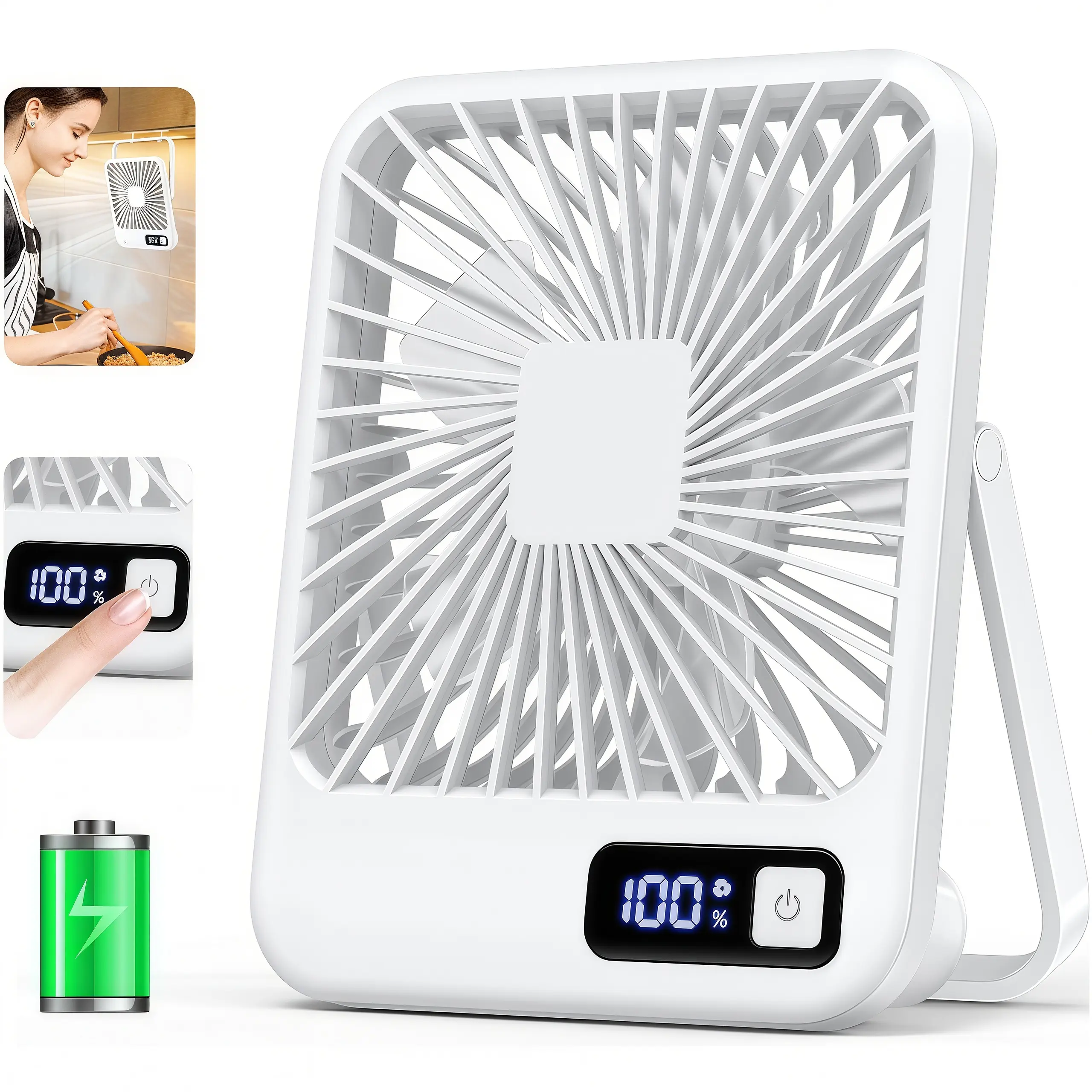 LMMAKE 1PC Cordless Portable Fan, 5 Adjustable Speed Levels, 180° Rotatable Design with Hanging Hook, Ultra Quiet Operation, USB Fast Charging, Built-in 1800mAh Lithium Battery with Power Indicator Screen, Perfect for Desktop & Travel Use
