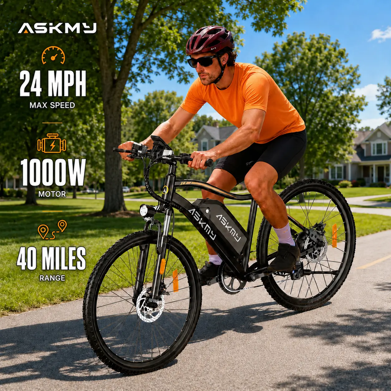 ASKMY High-Performance Electric Bike for Adults | Top Speed 24 MPH | 1000W Motor | Lightweight 26" Aluminum Mountain Bike | 7-Speed Gear System | Front & Rear Brakes | Powerful Suspension | UL Certified | Ideal for City Commuting & Trail Riding