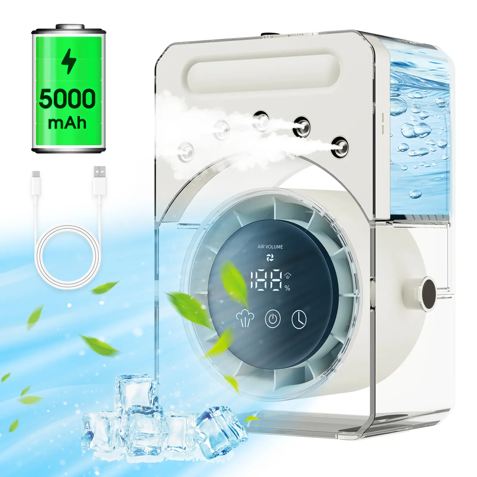 CoolHYFan 5-Hole Rechargeable Water-Cooled Multi-Speed Portable Fan - Misting, Humidification, 12-Hour Battery Life, Lightweight Wireless Design for Office, Travel Use, Water-Cooled Portable Fans, Multi-Speed Portable Fans