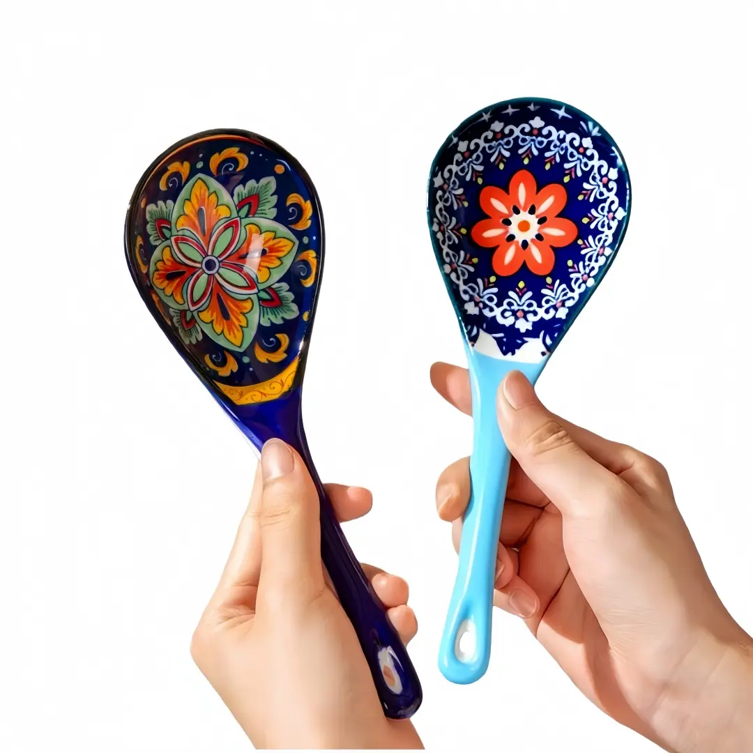 Bohemian Ceramic Kitchen Soup Spoons Set, Large Serving Spoons, Ramen Soup Spoons, Ceramic Spoons, Miso Soup Spoons, Long Handle