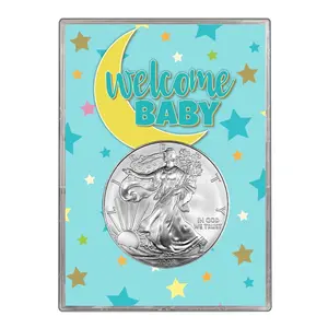 2008 $1 American Silver Eagle Gift Holder - Welcome Baby Blue Design
