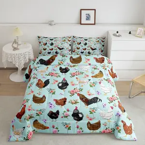 Hen Rooster Print Luxury Bedding Set,Farmhouse Animals Comforter Set,Chicken Super Soft Microfiber Comforter,Floral Rose Pattern Duvet Set