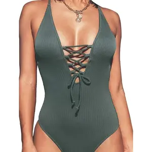 Fashion Solid One Piece Swimsuit Women Sexy Deep V Neck Lace Up Backless Bathing Suit Summer New Bodysuits Bikini Beachwear solid backless one-piece swimsuit crochet  swimming  suits s sexy adjustable strap deep v neck