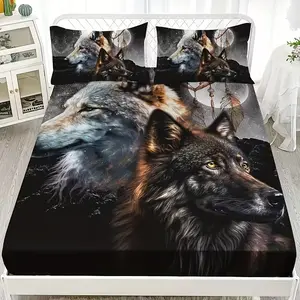 3pcs Night Wolf Dreamcatcher Pattern High-Definition Digital Print Decorative Bedding Set, 100% Polyester, All Seasons
