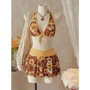 Women's Summer Beach Music Festival Flower Pattern Skirt Halter Casual Vacation Style Bikini 3 Pieces Set