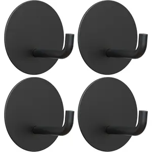 Adhesive Hooks, Small Metal Shower Wall Stick  Hooks, , 2 Extra Adhesive Strips, Round, Black, 4 count
