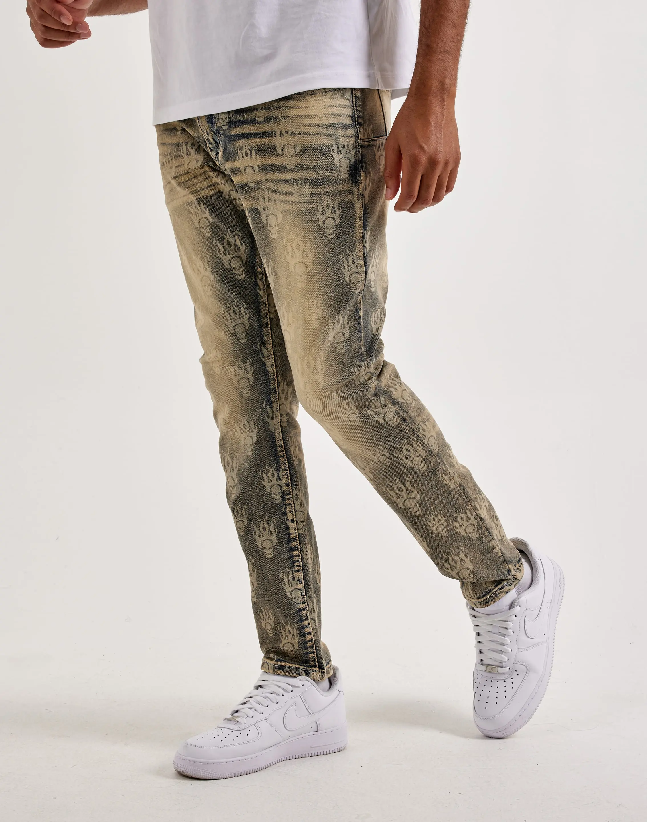 Mens Kloud 9 Skull Flame Laser-Print Slim Denim Jeans