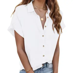 Linen Shirts for Women Cotton Short Sleeve V Neck Collared Button Down Blouses Tops