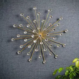 Gold Sunburst Crystal Wall Decor, Hangable Modern Starburst Metal Wall Art with Sparkling Crystals, Glam Hanging Sculpture for Living Room & Bedroom