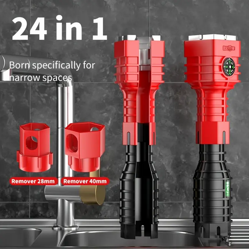 A Versatile 24-In-1 Tool Kit for Faucet Repairs, Featuring a Multi-Functional Sink Wrench, a Slim Tool for Bathroom Faucets, And a Long Non-Slip Handle Suitable for Both Kitchen And Bathroom Use, Designed for Durability in Plumbing Tasks