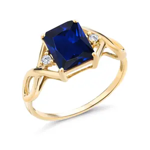 3-Stone Ring for Women | 18K Yellow Gold Plated Silver | 9X7MM Emerald Cut Gemstone Birthstone & Lab Grown Diamond | Wedding Anniversary Engagement Ring