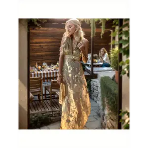 Golden- gilded hot- stamping vacation maxi dress, deep- V backless party gown dress