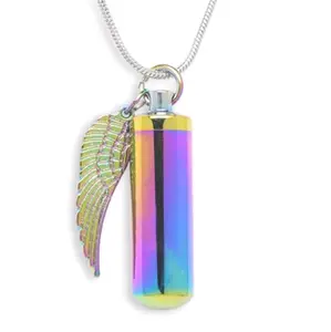 Rainbow Cylinder with Angel Wing Cremation Pendant