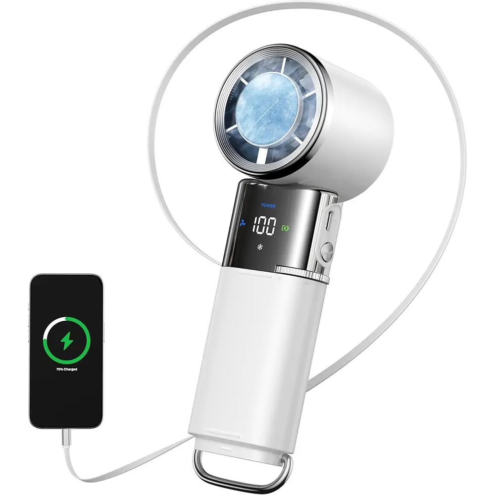 Portable Handheld Fan – 6000mAh Cooling Turbo Personal Fan, Cordless Rechargeable Fan, Usb Charging Fan, Rechargeable with Type‑C Retractable Cable, LED Display with 100‑Level Stepless Speed, 135°Adjustable Angle