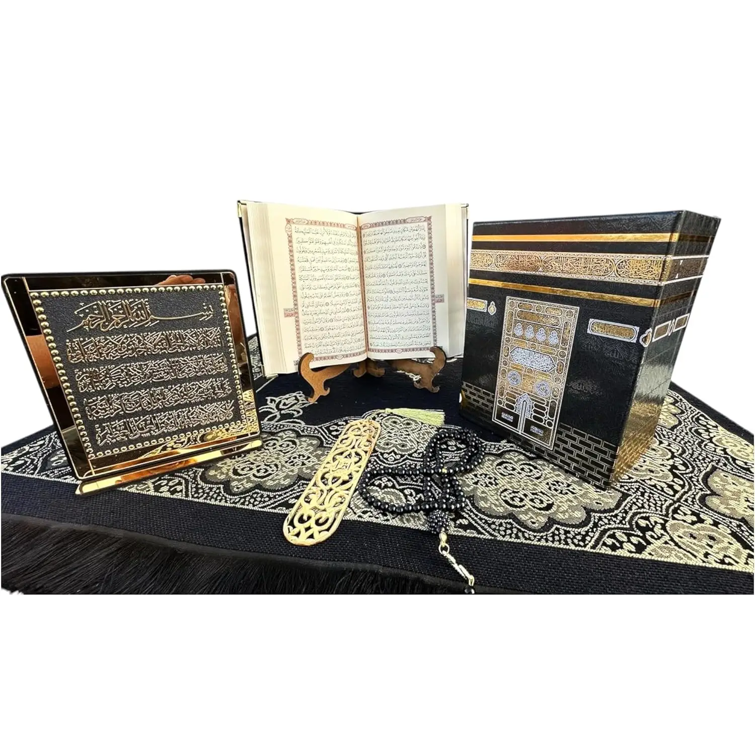 Muslim Prayer Rug, Islamic Gift Set, Velvet Full Arabic Quran, Elegant Kaaba Design Box, Ayat El Kursi Table Top, Prayer Beads, Bookmark, Janamaz, Sal
